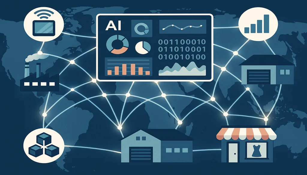 AI dashboard displaying connected fashion supply chain data across global network map