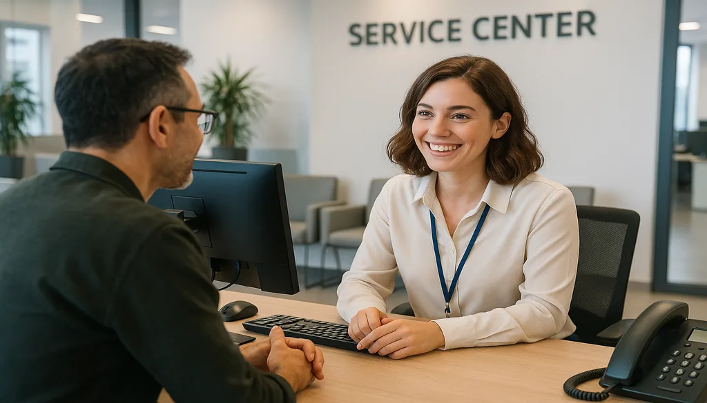 Smiling customer service representative helping customer at service center desk
