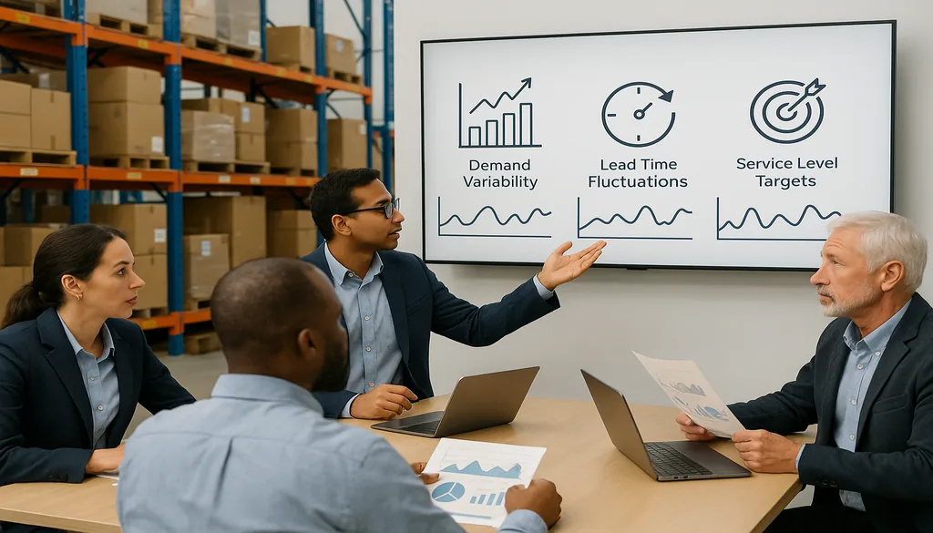 Business team discussing inventory management metrics and safety stock planning in warehouse