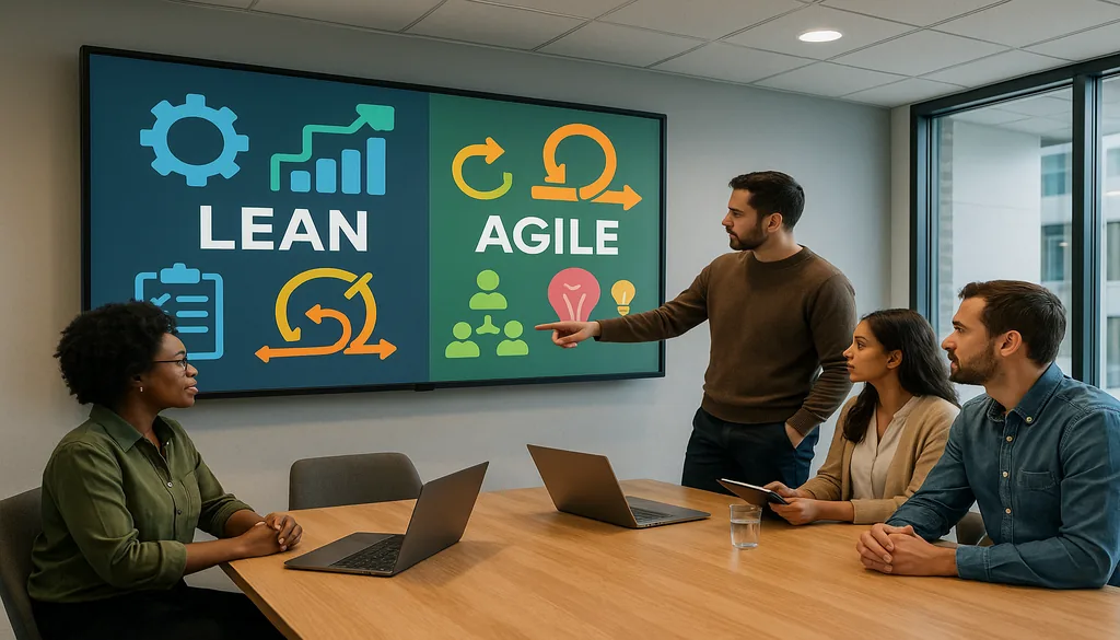 Business team discussing lean vs agile methodologies in modern conference room presentation