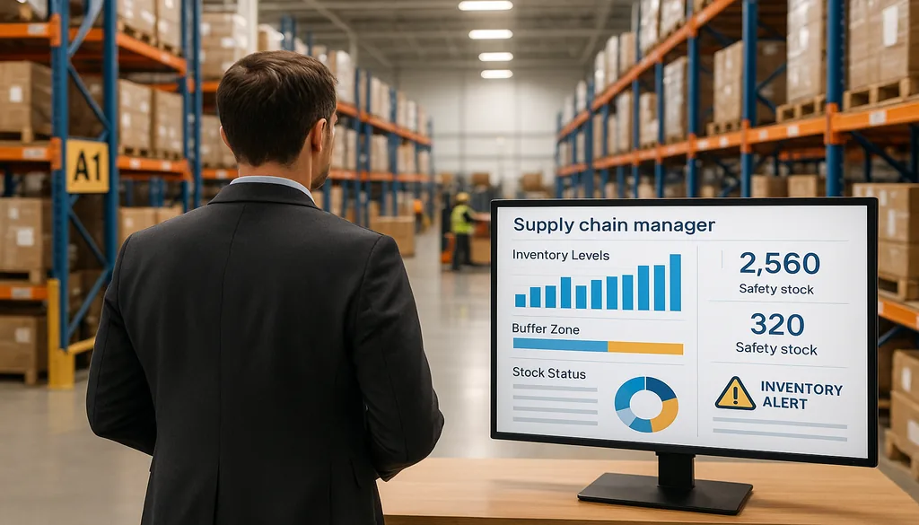 Supply chain manager viewing safety stock inventory dashboard in warehouse facility