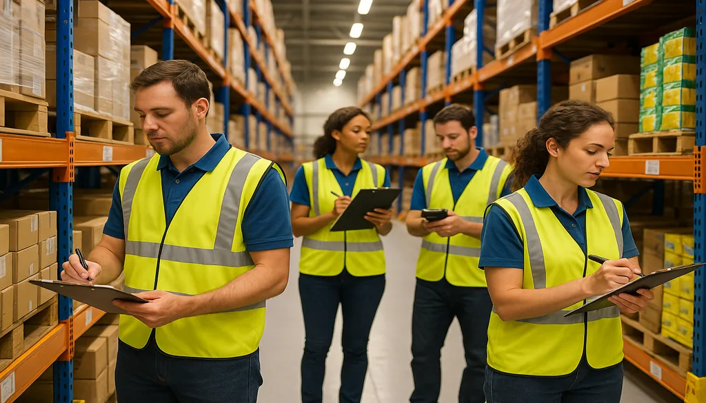 Warehouse workers conducting inventory reconciliation with clipboards and tablets to prevent stock shrinkage