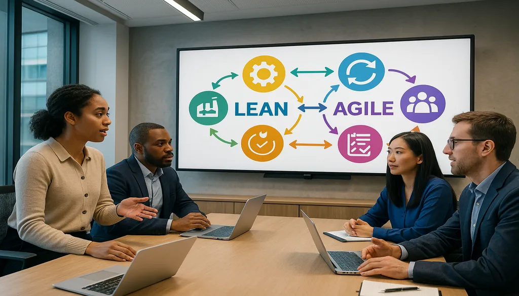 Business professionals discussing lean vs agile methodologies in modern conference room meeting