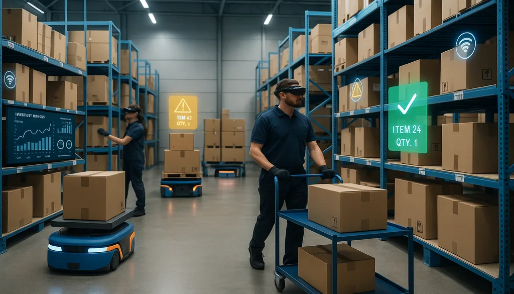 Smart warehouse workers using automated robots and digital inventory management technology