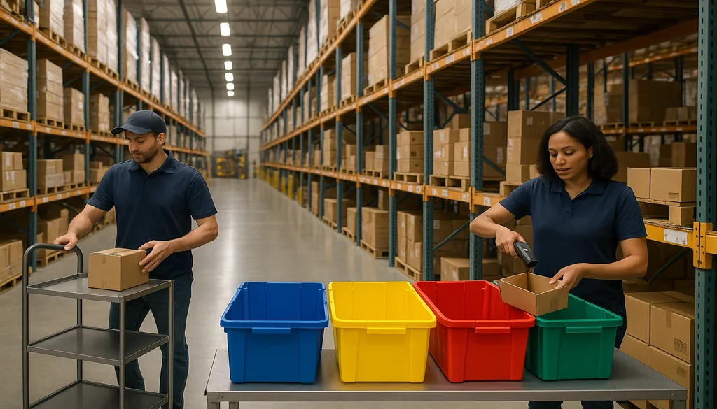 Warehouse workers using colored bins for piece picking order fulfillment process
