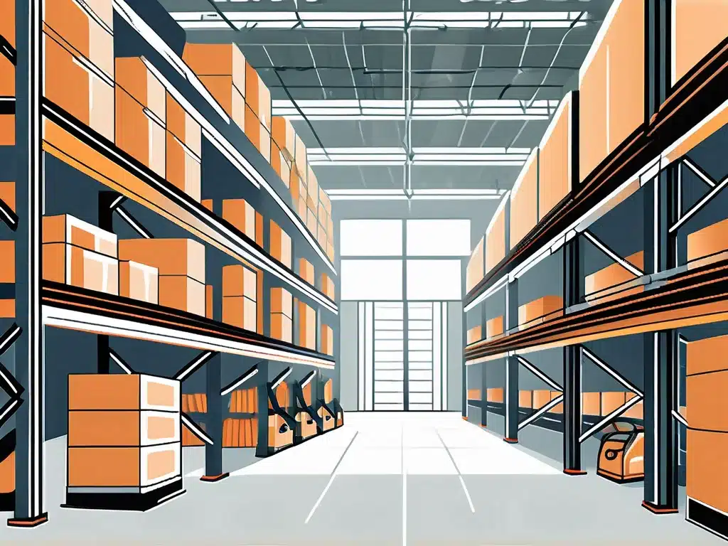 Modern warehouse interior with organized shelving systems and orange storage boxes