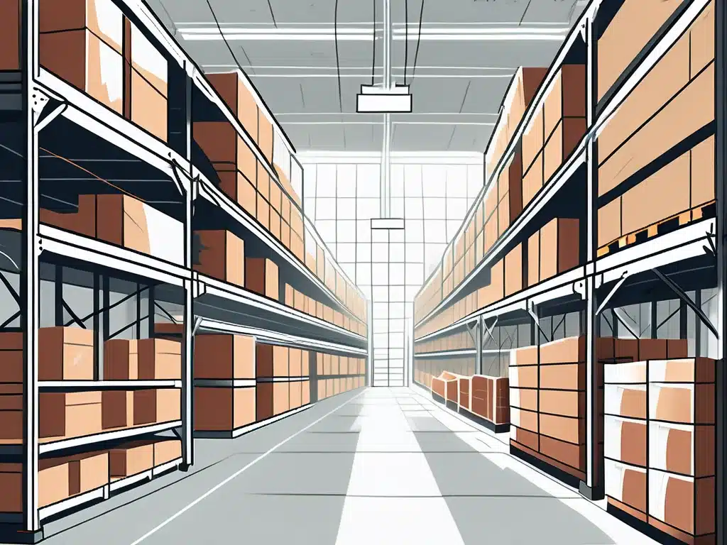 Modern warehouse interior with organized shelving systems and cardboard boxes stored efficiently