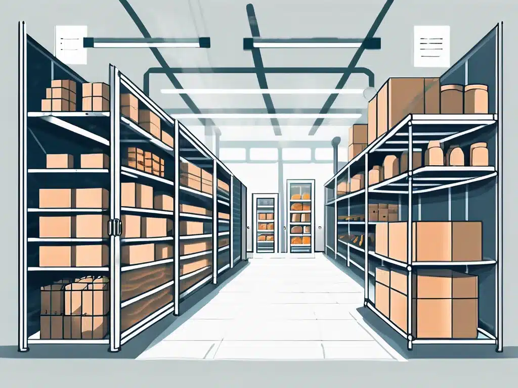 Modern warehouse interior with organized metal shelving units storing cardboard boxes efficiently
