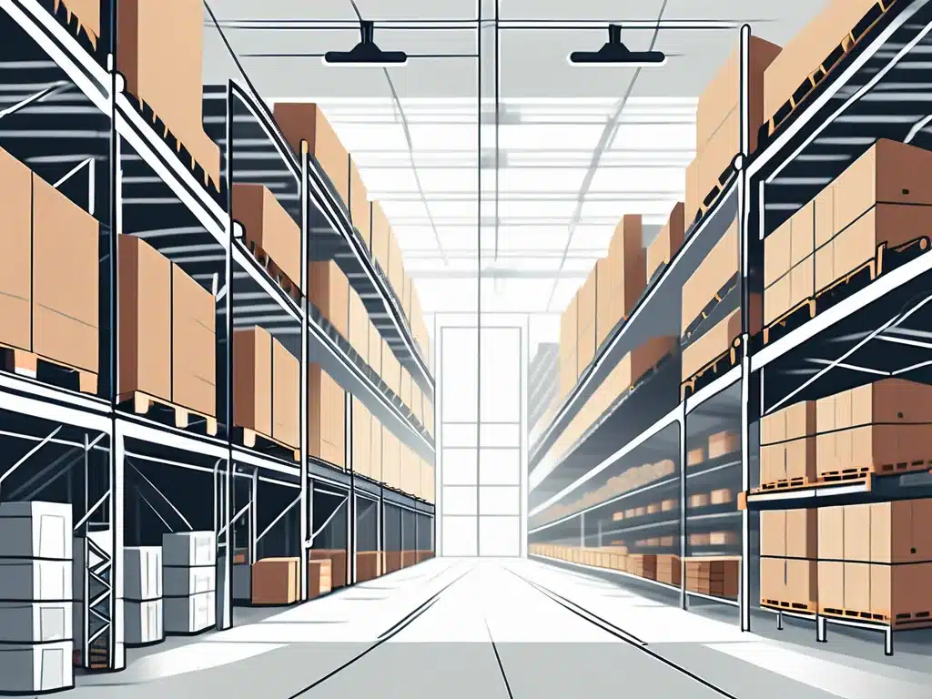 Modern warehouse interior with tall metal shelving systems storing cardboard boxes
