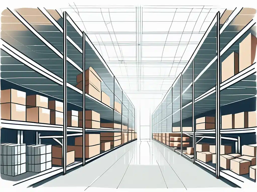 Modern warehouse interior with organized shelving systems storing cardboard boxes efficiently