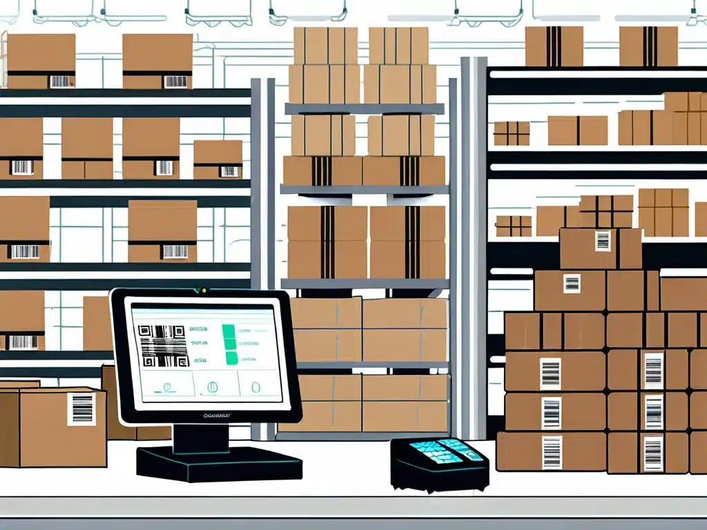 Modern warehouse with inventory management software dashboard and organized shelving system