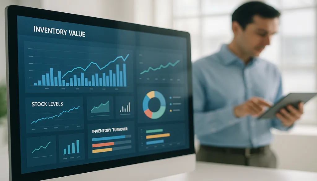 Business professional analyzing inventory management dashboard with stock levels and safety stock data
