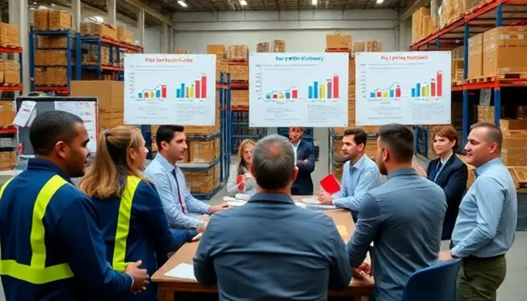 Warehouse team meeting discussing pick path optimization strategies with performance charts