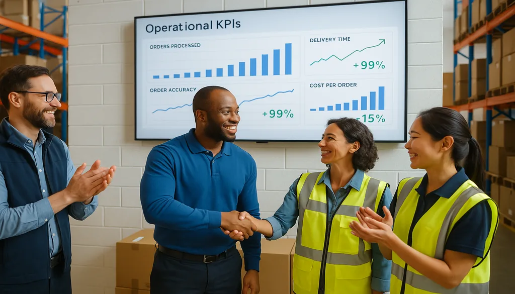 Warehouse team celebrating improved KPIs with operational dashboard showing 99% delivery performance gains