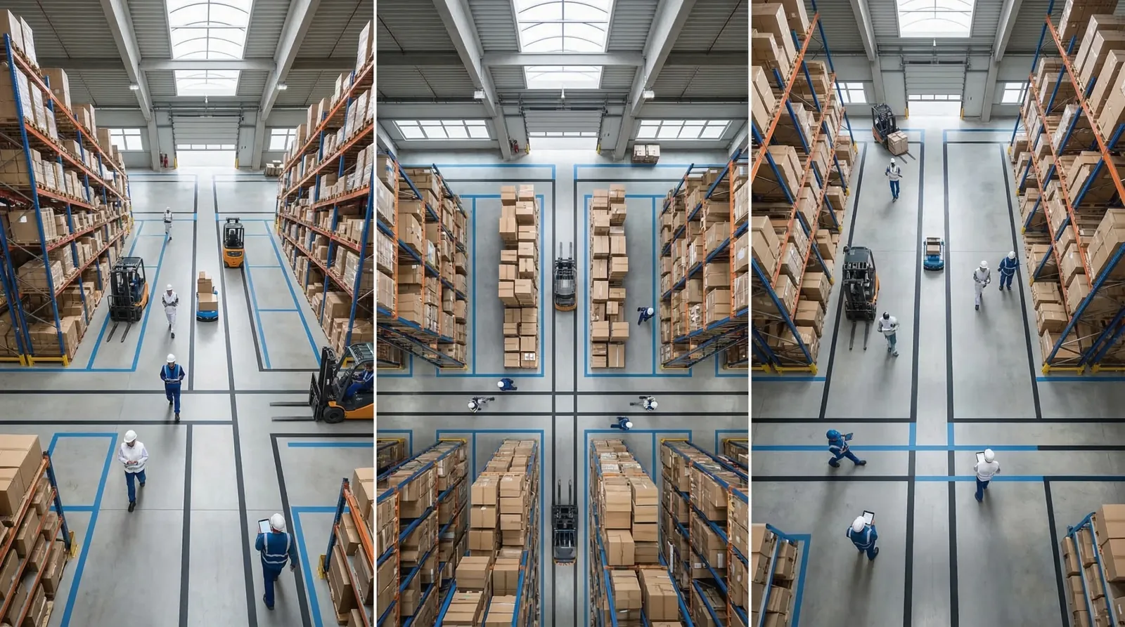 Aerial view of organized warehouse floor