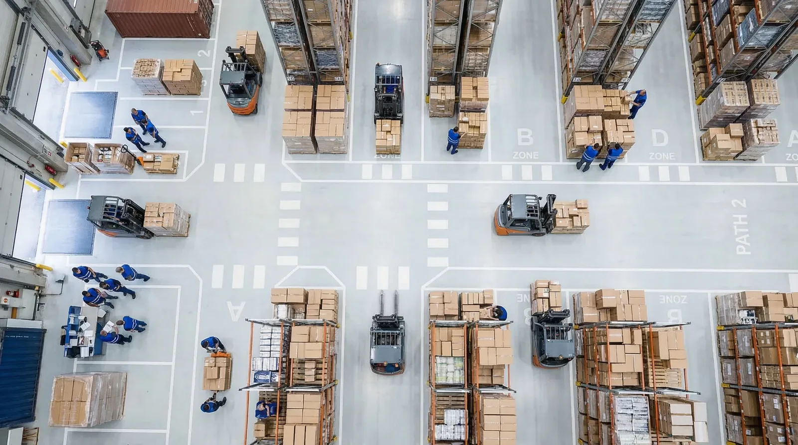 Aerial view of organized warehouse floor.