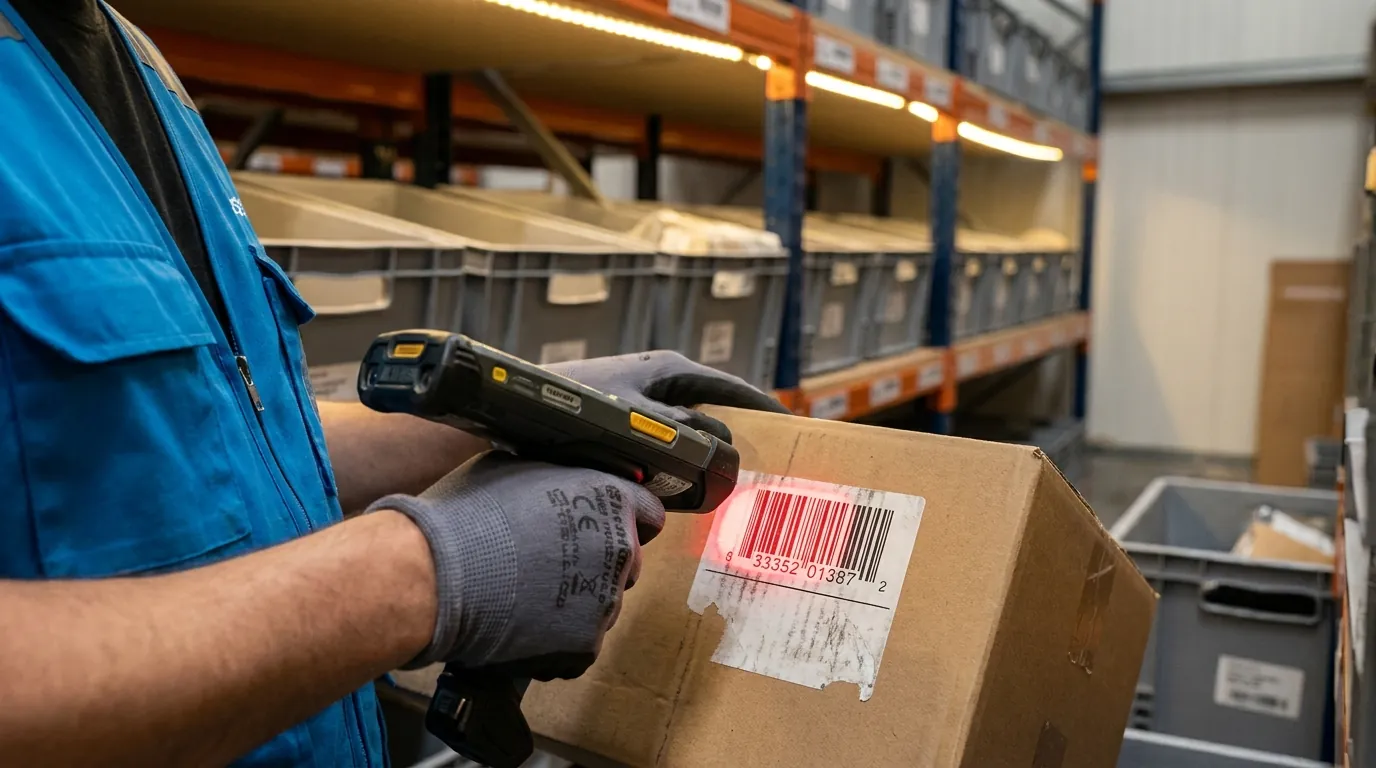 Worker scanning barcode on package.