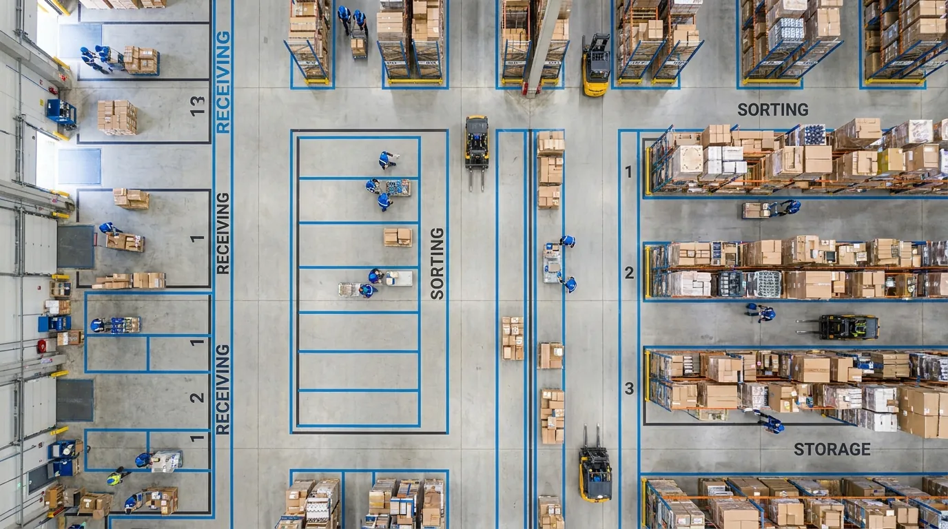 Aerial view of organized warehouse floor.
