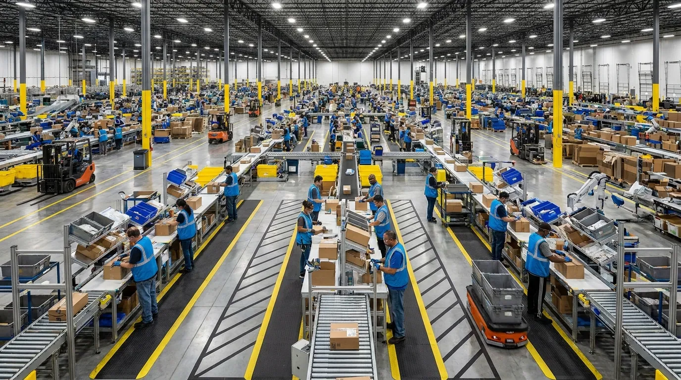 Wide shot of distribution center operations.