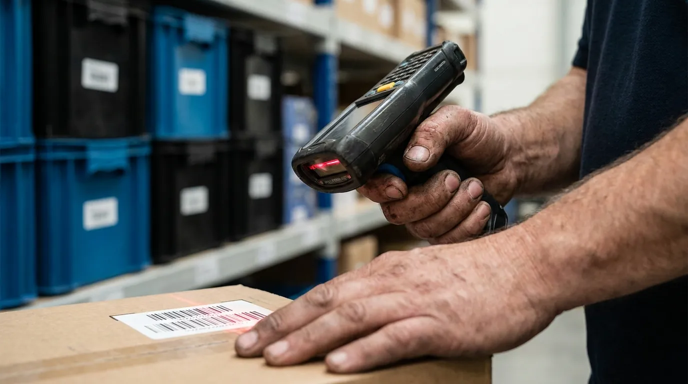 Warehouse worker scanning barcode on package