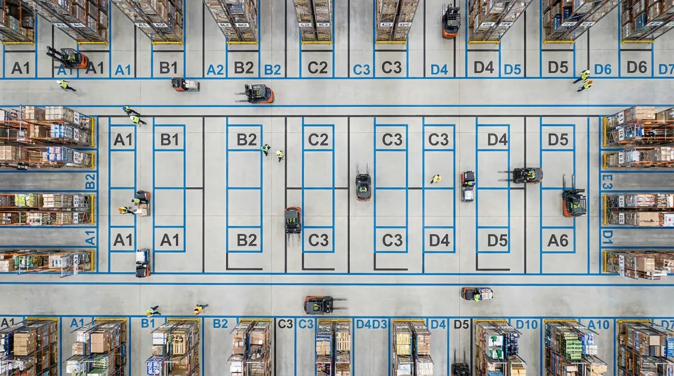 Aerial view of organized warehouse floor