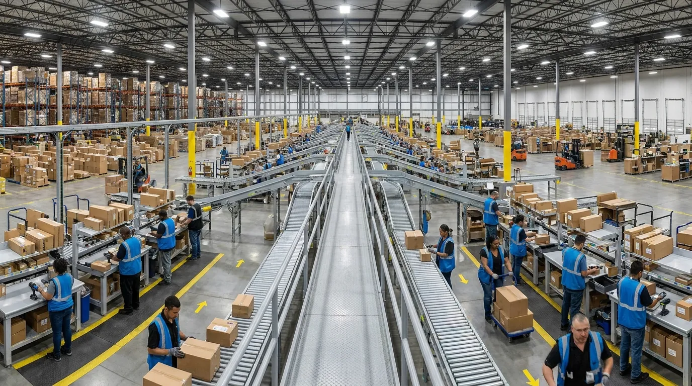 Wide shot of distribution center operations