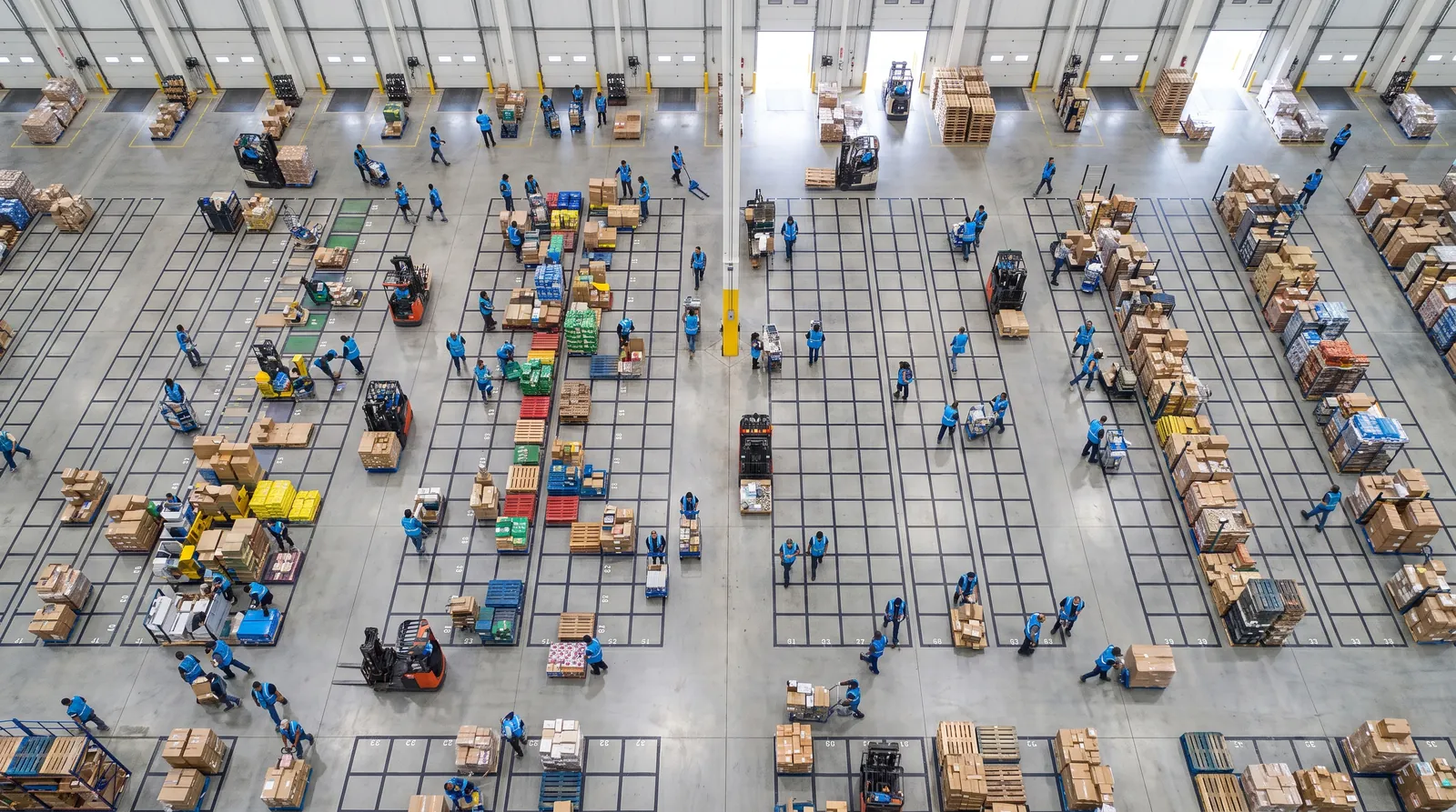 Aerial view of organized warehouse floor