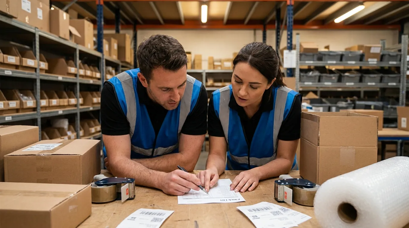 Warehouse workers reviewing pick list