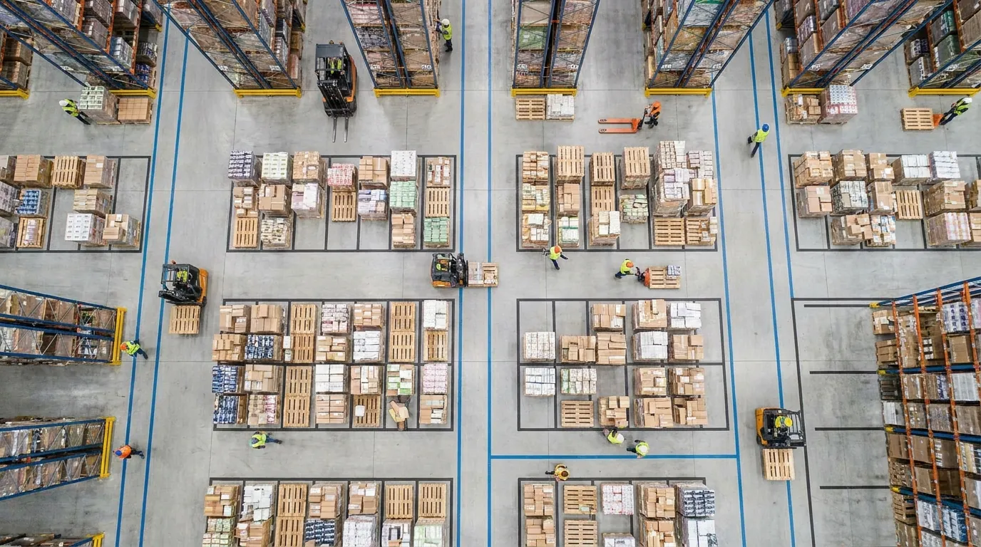 Overhead view of organized warehouse