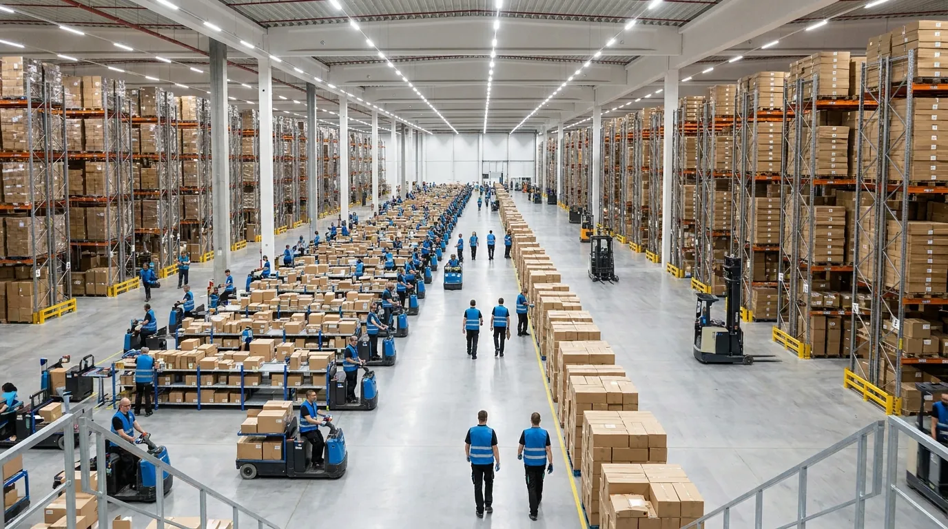 Wide shot of organized warehouse interior