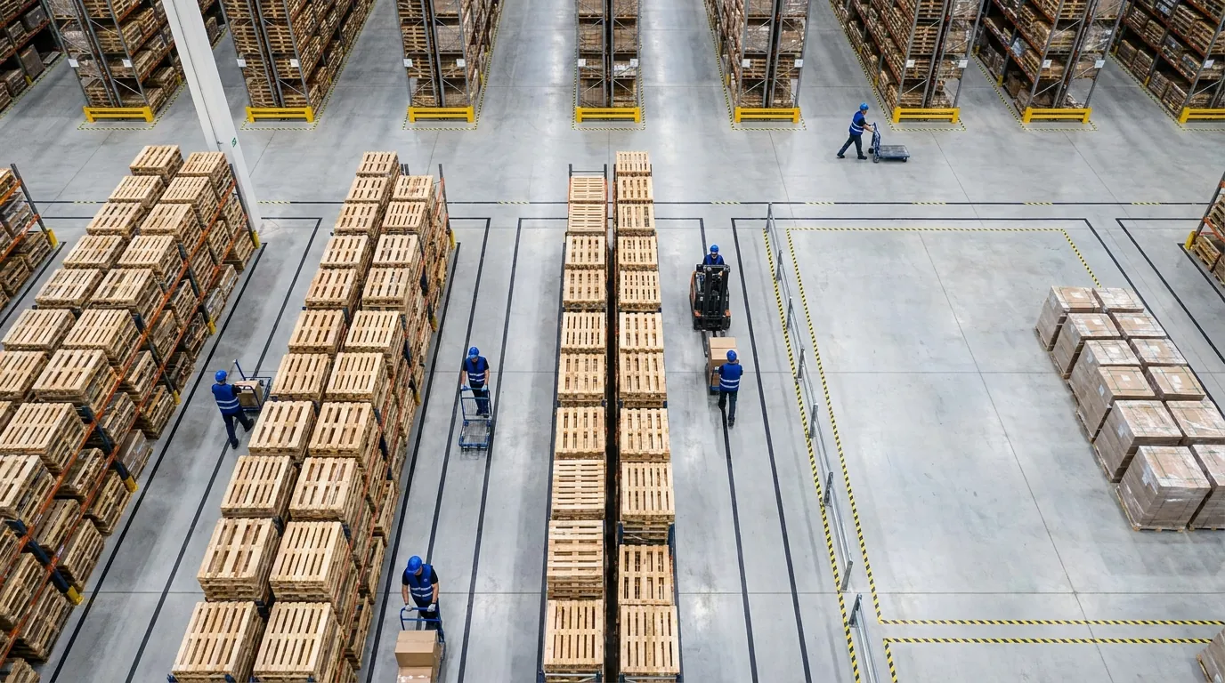 Aerial view of organized warehouse floor.