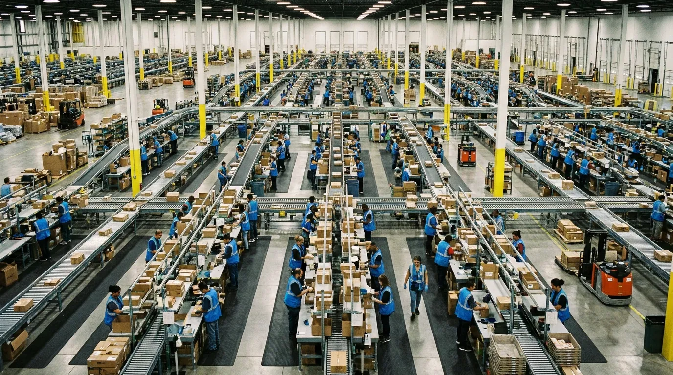 Wide shot of distribution center operations.