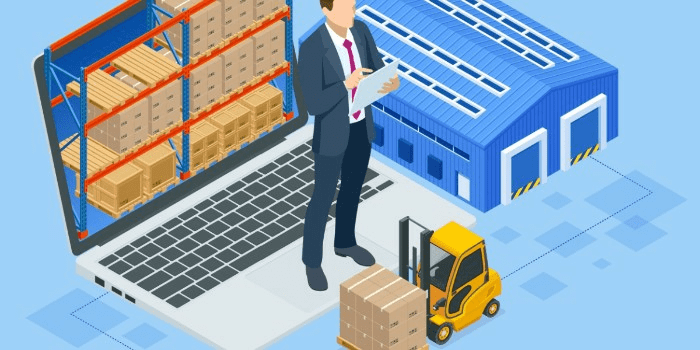 person on top of a laptop surrounded by warehouse, racking, and forklift