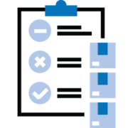 boxes next to a clipboard with listed items minus, x, and checkmark by them