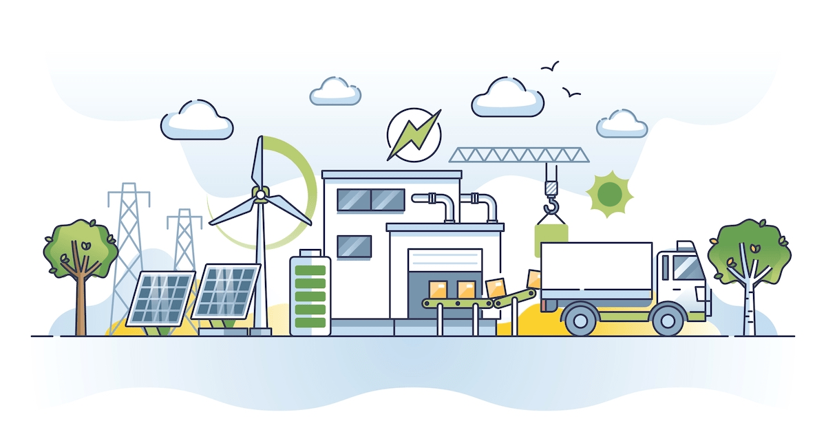 green manufacturing plant with solar and wind turbine