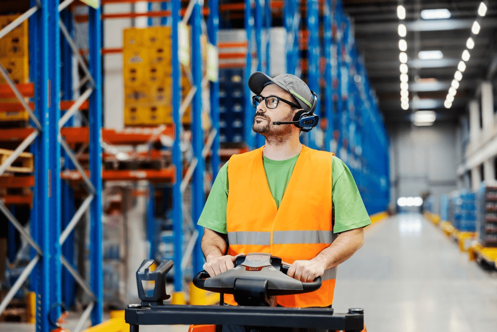 warehouse worker wearing a headset on motorized pallet jack