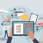 hands holding a tablet checking inventory with warehouse processes being shown in the background
