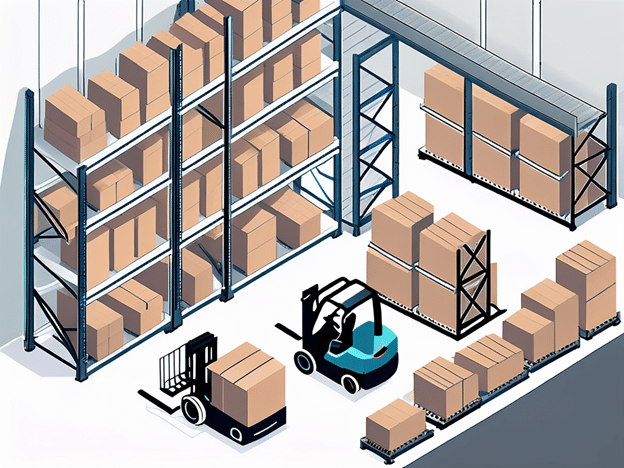 top down view of a warehouse with shelving, and forklifts
