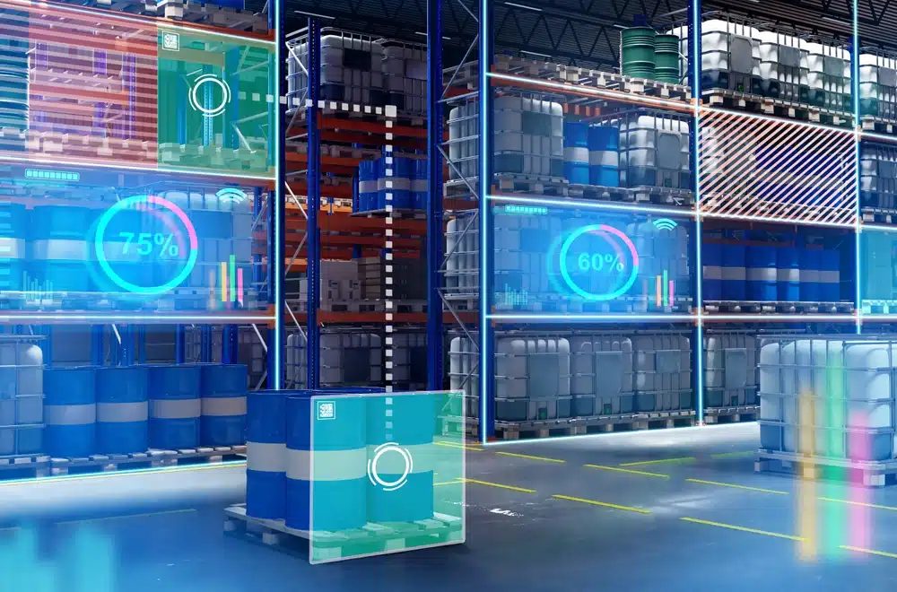 Modern warehouse with digital KPI dashboard overlays showing inventory performance metrics