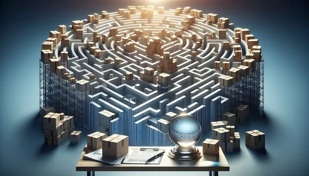 3D inventory management maze with packages and analytics sphere on desk