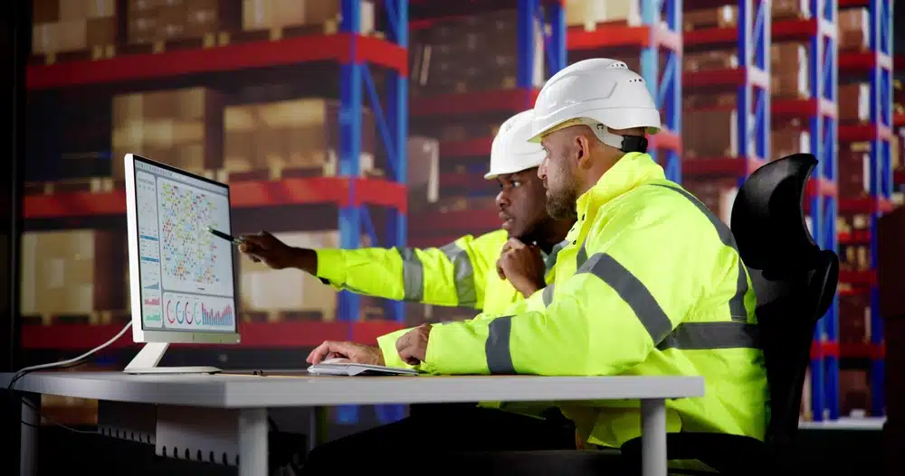 Two warehouse workers in high-vis jackets analyzing inventory KPI dashboard on computer screen