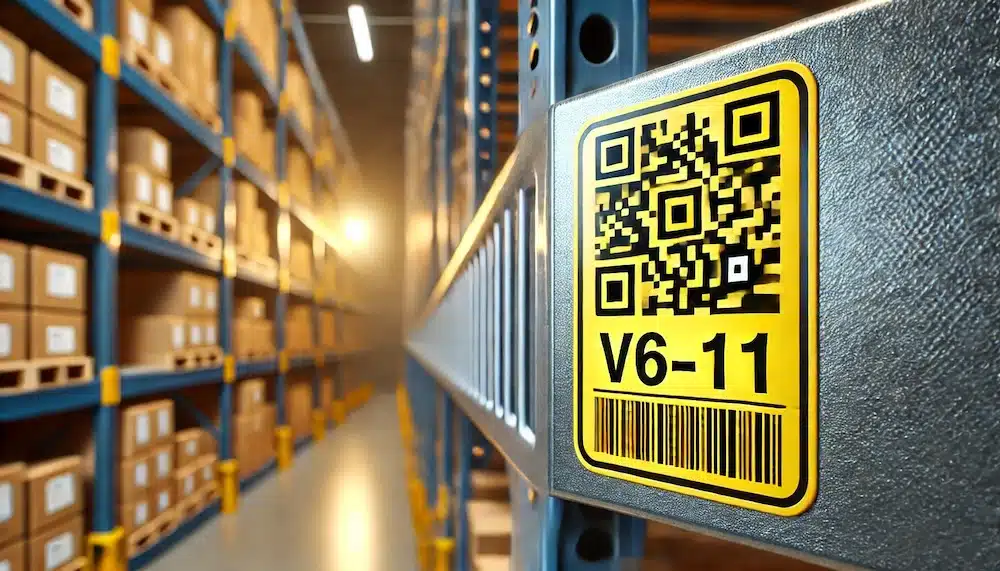 QR code warehouse rack label V6-11 with barcode on blue metal shelving system