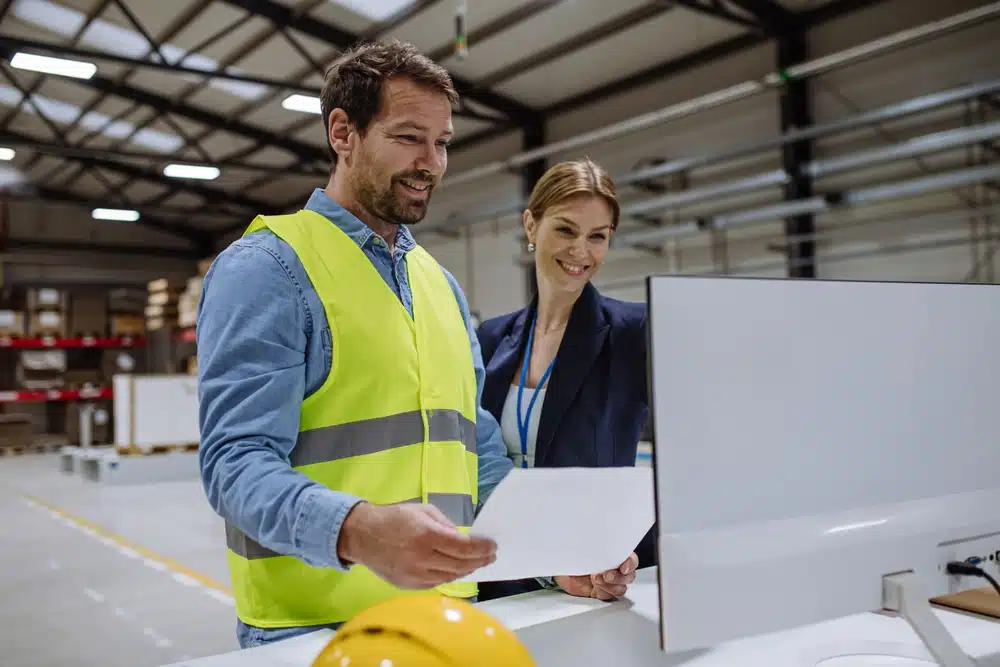 Two warehouse professionals reviewing inventory management documents and data on laptop