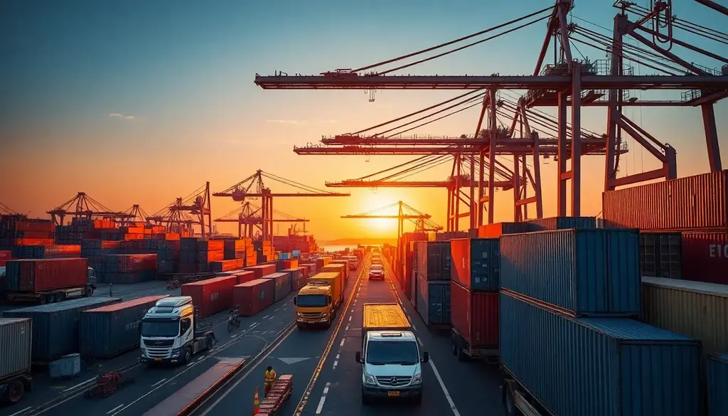 "Sunset at a foreign trade zone with cranes and trucks moving shipping containers."