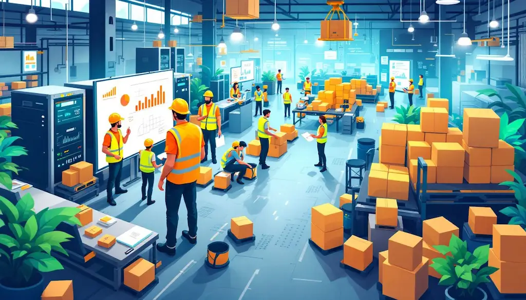 workers and management in kaizen warehouse 