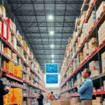 Workers using handheld scanners in a modern warehouse with a barcode inventory system.