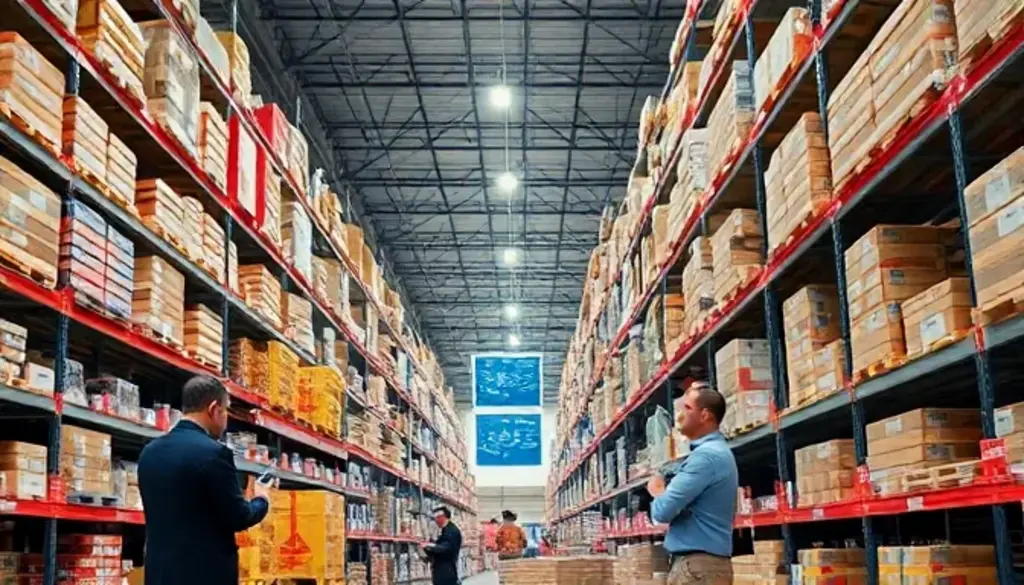 Workers using handheld scanners in a modern warehouse with a barcode inventory system.