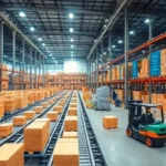 "Automated conveyor belts and robotic forklifts in a pick path optimized warehouse."