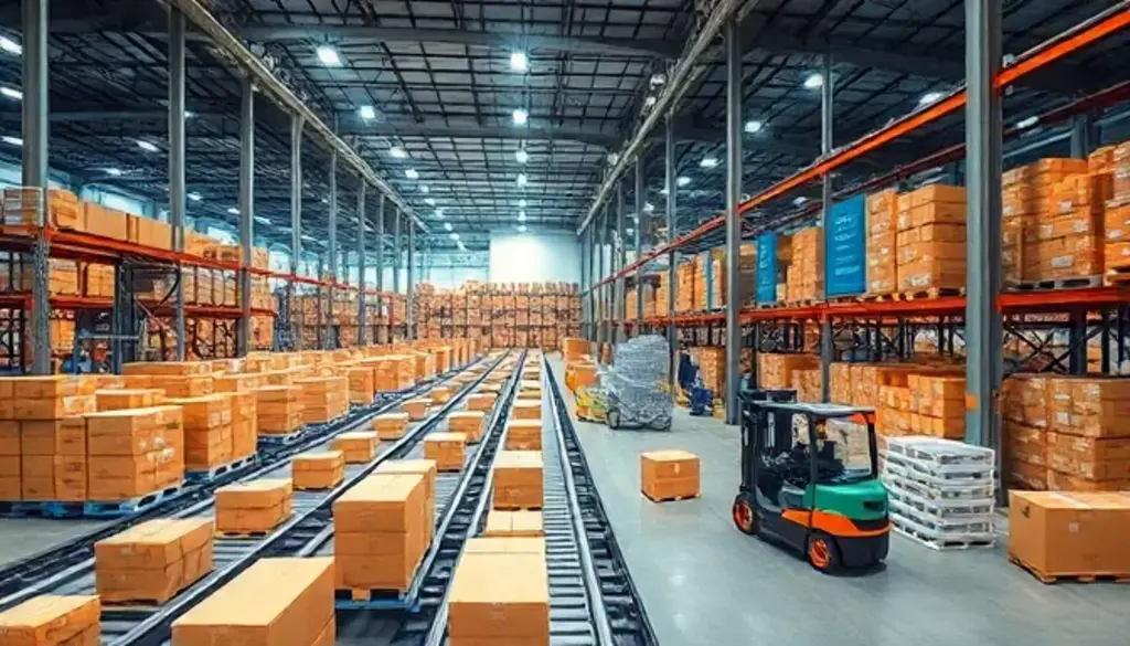 "Automated conveyor belts and robotic forklifts in a pick path optimized warehouse."