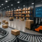 "Automated warehouse with conveyor belts and robotic forklifts under bright lights, embodying lean vs. agile supply chain principles."